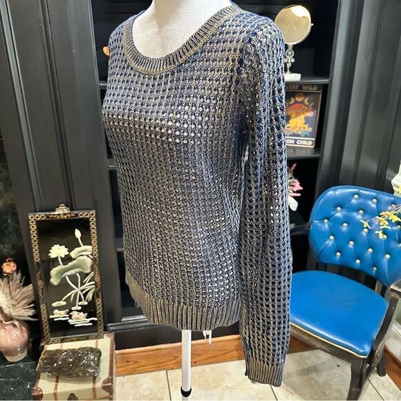 5/48 by Saks 5th Avenue Blue Gold Metallic Sweater Size XS - Picture 11 of 13